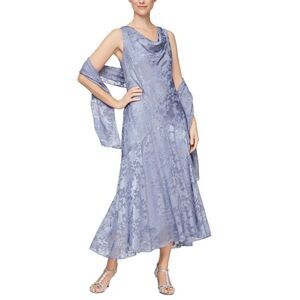 Alex Evenings Women's Cowl-Neck Tea-Length Dress & Shawl Size 6